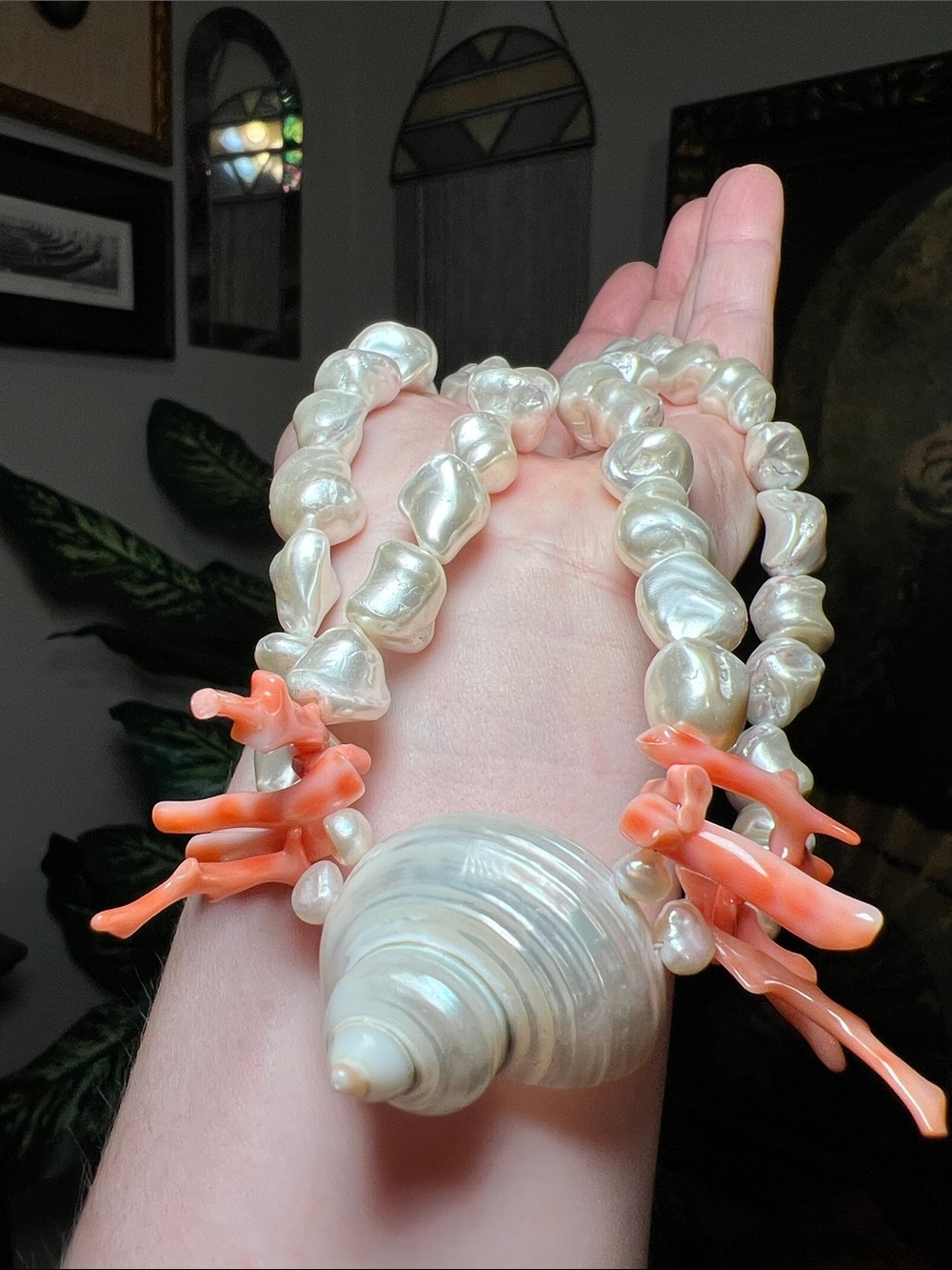 Meg Carter Mermaid Turbo Shell Stick Coral Baroque Pearl Statement Necklace